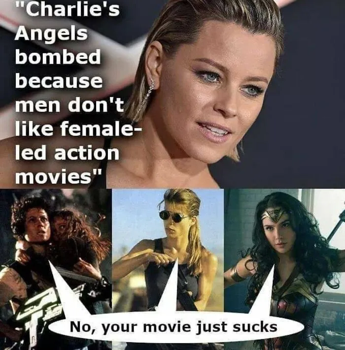 Two-panel cringe film meme with Elizabeth Banks and female action heroes like Sarah Connor and Wonder Woman.