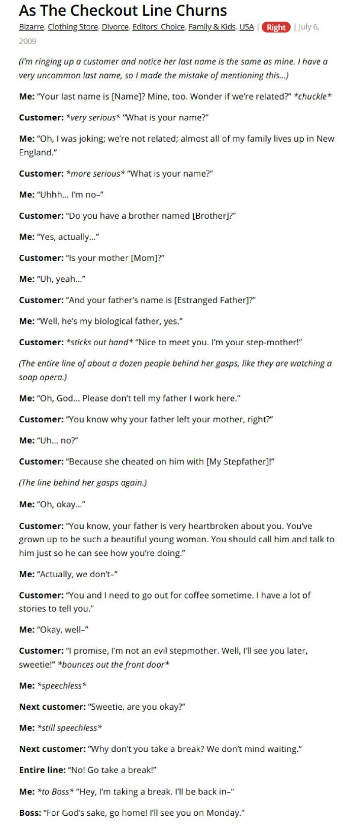 Checkout line customer confuses worker with family in a clothing store