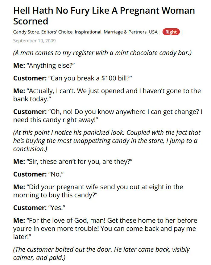 Pregnant woman sends husband to buy candy causing store interaction