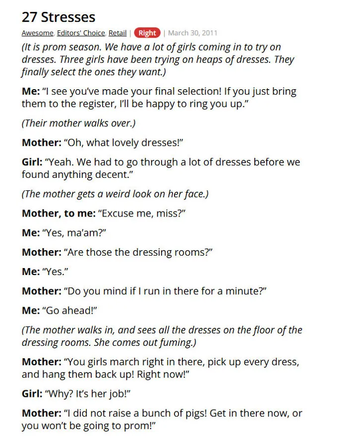 Prom dress shopping story with mom scolding daughters to clean dressing room