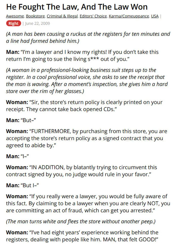 Man confronts store clerk about return policy with confidence and demands a refund