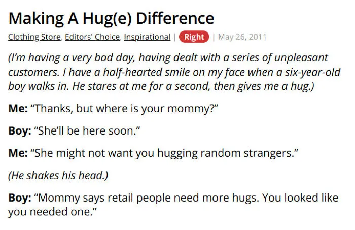 Six-year-old comforts retail worker during a bad day with a hug
