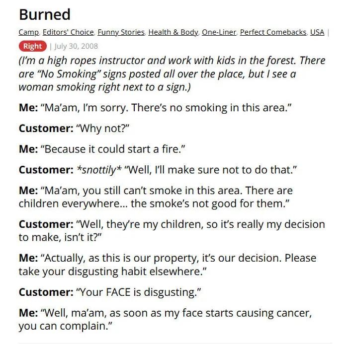 No smoking argument between customer and staff in forest camp area