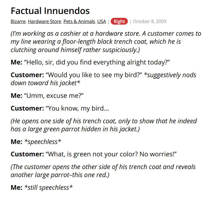 Funny hardware store cashier encounter with a customer hiding parrots