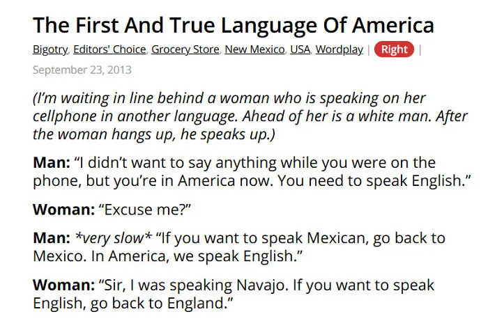 Humorous grocery store line story about speaking English and language clash