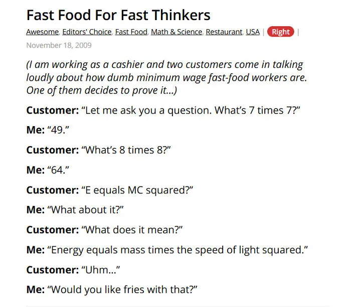 Funny fast food worker story about minimum wage workers and math questions
