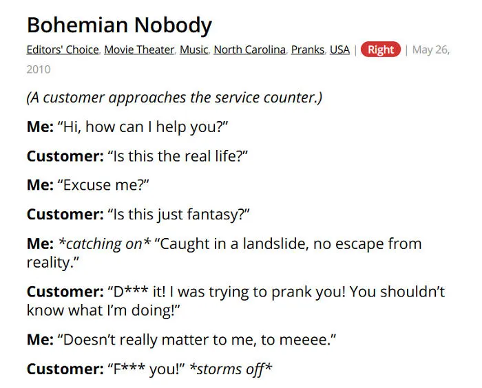 Customer pranks retail worker quoting lyrics in a business setting conversation