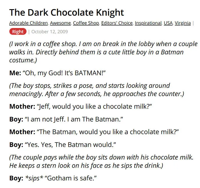 Child in Batman costume orders chocolate milk at coffee shop