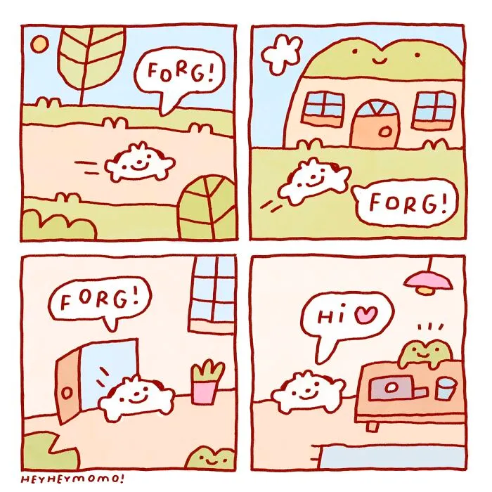 Momo comics: A four-panel comic depicting Momo eagerly calling out 'Forg!' as he runs towards him, finding joy in tiny best friends.