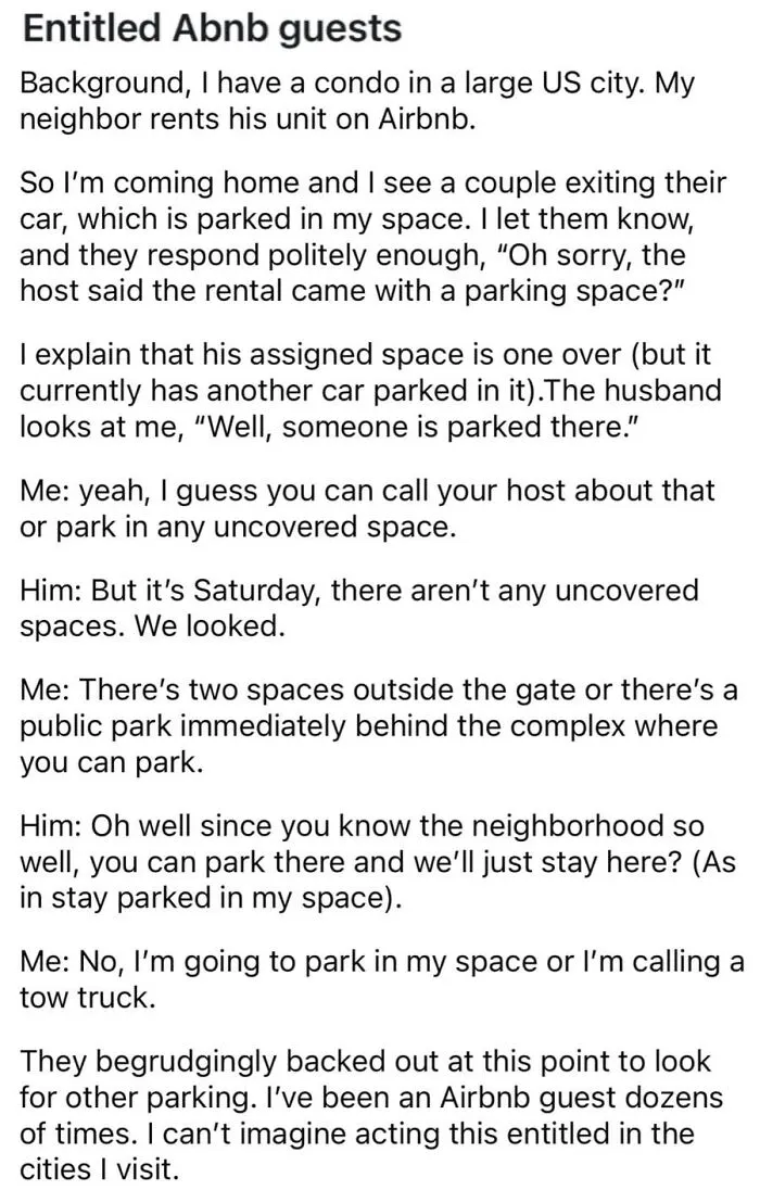 Social media post text recounting an experience with entitled Airbnb guests who expected a private parking spot.