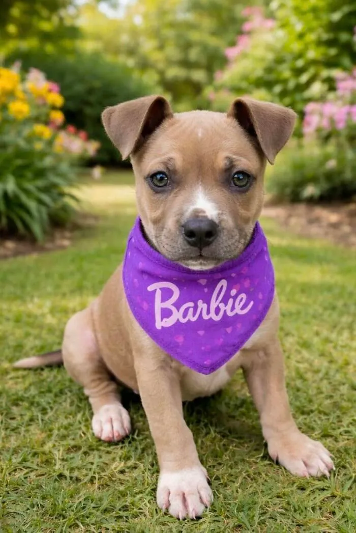 A light brown abandoned puppy wearing a purple Barbie bandana, sitting outdoors with All Sato Rescue.