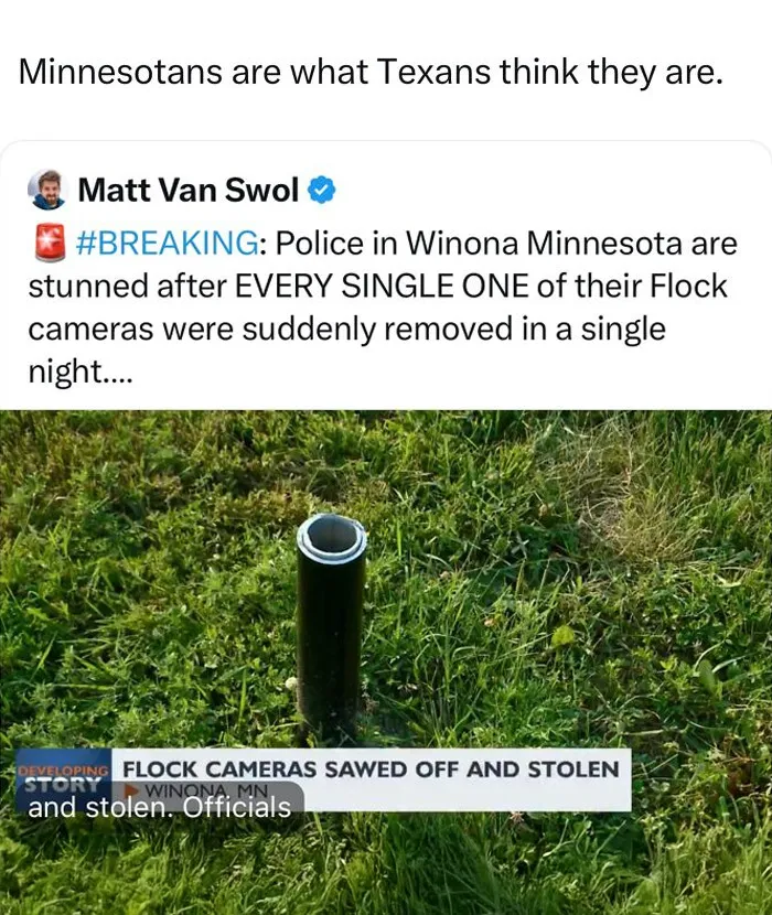 Meme showcasing news report about Flock cameras stolen in Minnesota