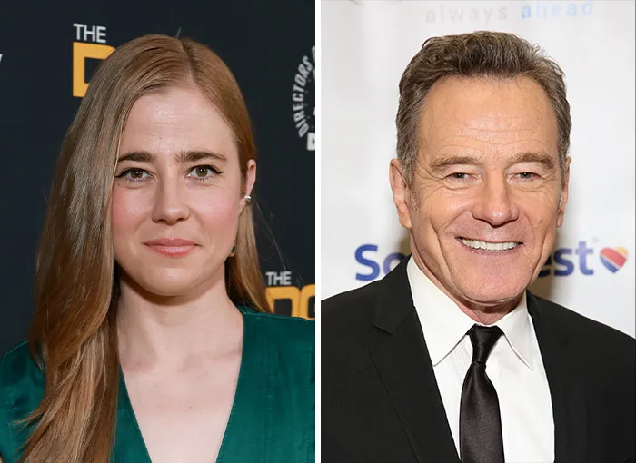 Comparison photos of Taylor Dearden and Bryan Cranston showing famous nepo babies in Hollywood.