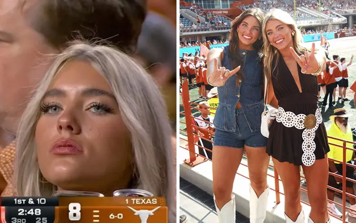 Women posing at beach and college football stadium