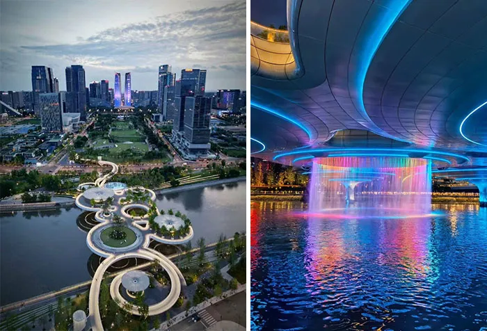 Futuristic pedestrian bridge with colorful waterfall light display showcasing architectural masterpieces