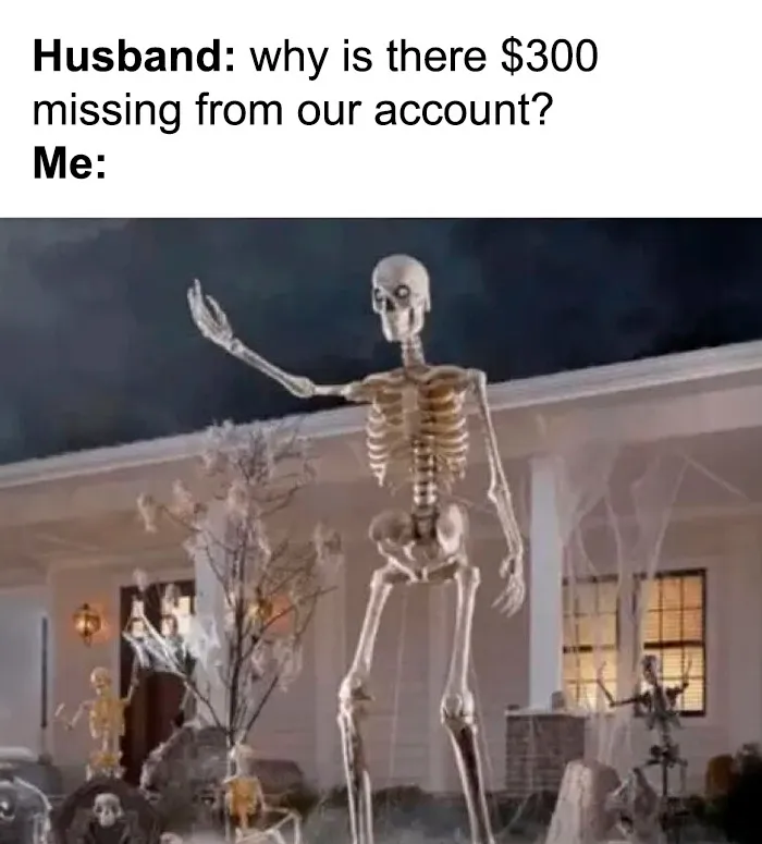 Spooky Halloween memes showing a giant skeleton prop set up in front of a house as a funny lawn decoration.