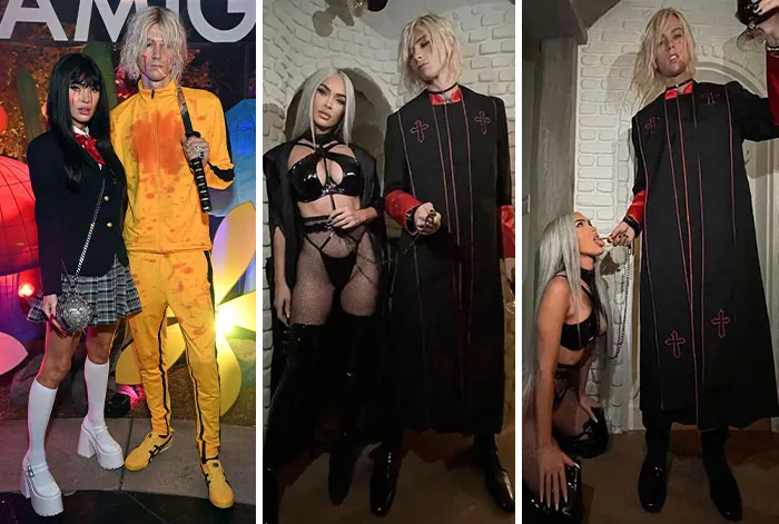 Megan Fox and Machine Gun Kelly posing in controversial religious and movie-inspired celebrities Halloween costumes.