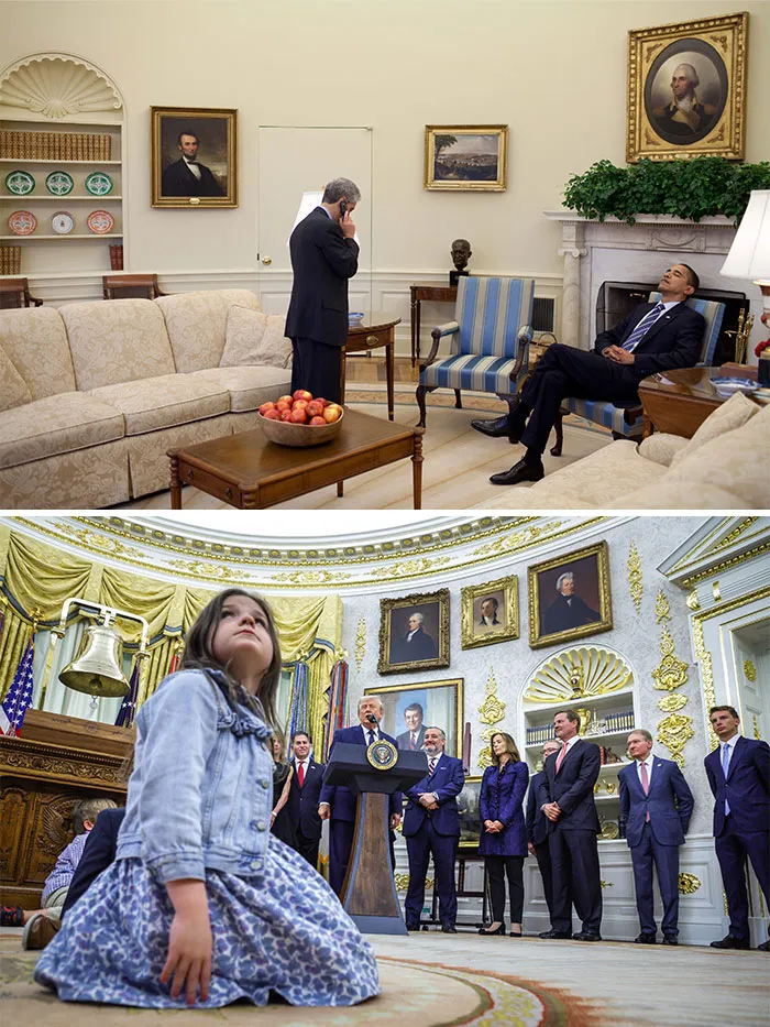 Side-by-side photos of Obama relaxing in the Oval Office and Trump hosting an event with a child kneeling nearby