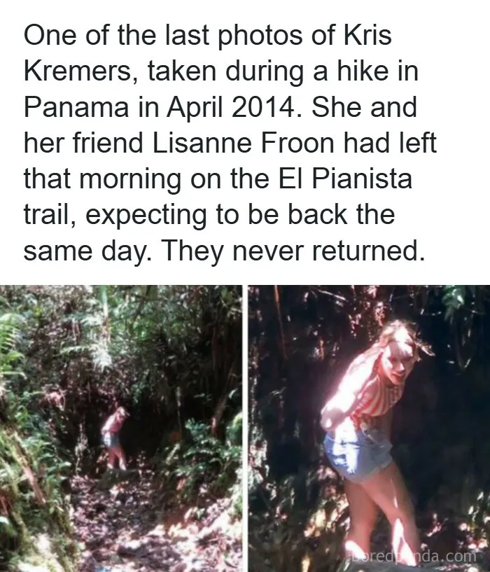 A side-by-side view of Kris Kremers on a hike, illustrating creepy facts and news stories.