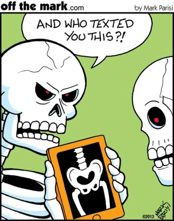 Mark Parisi Halloween comic showing skeletons with an x-ray and texting joke
