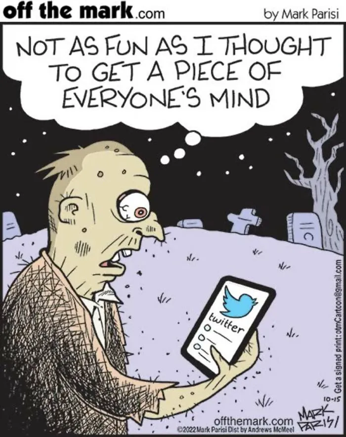 Cartoon zombie checks Twitter on phone in Halloween comic by Mark Parisi
