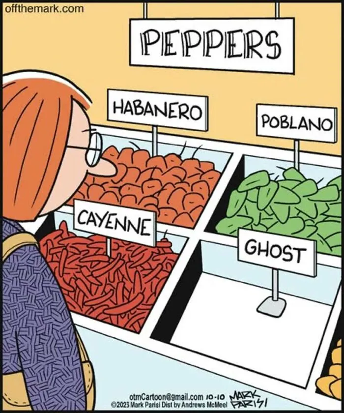 Cartoon depicts a person choosing from spicy peppers including habanero and ghost