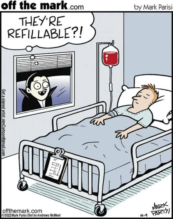 Cartoon shows vampire excited about refillable blood bags in hospital Halloween comic