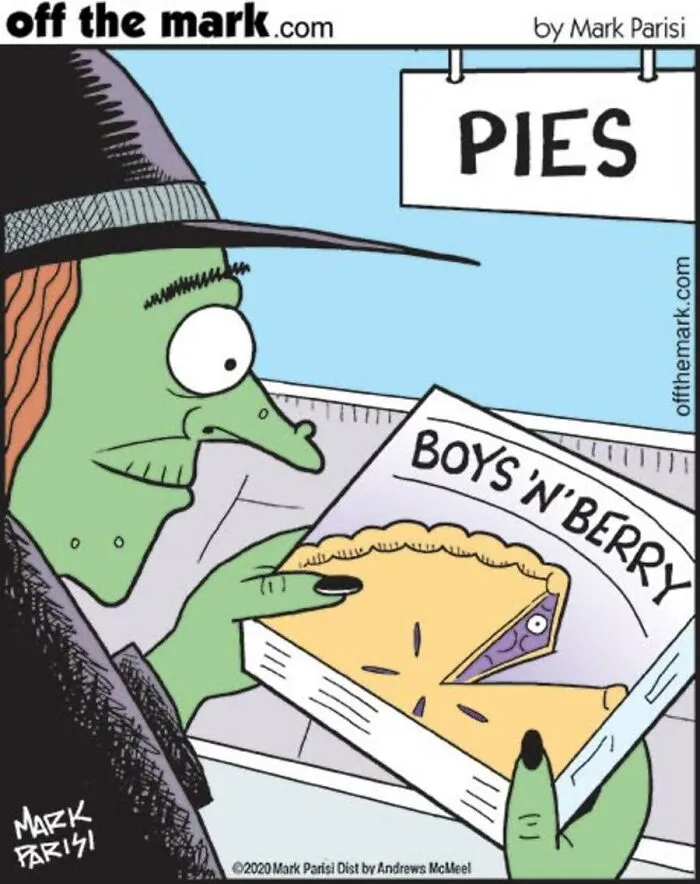 Halloween comic with witch holding Boys N Berry pie by cartoonist Mark Parisi