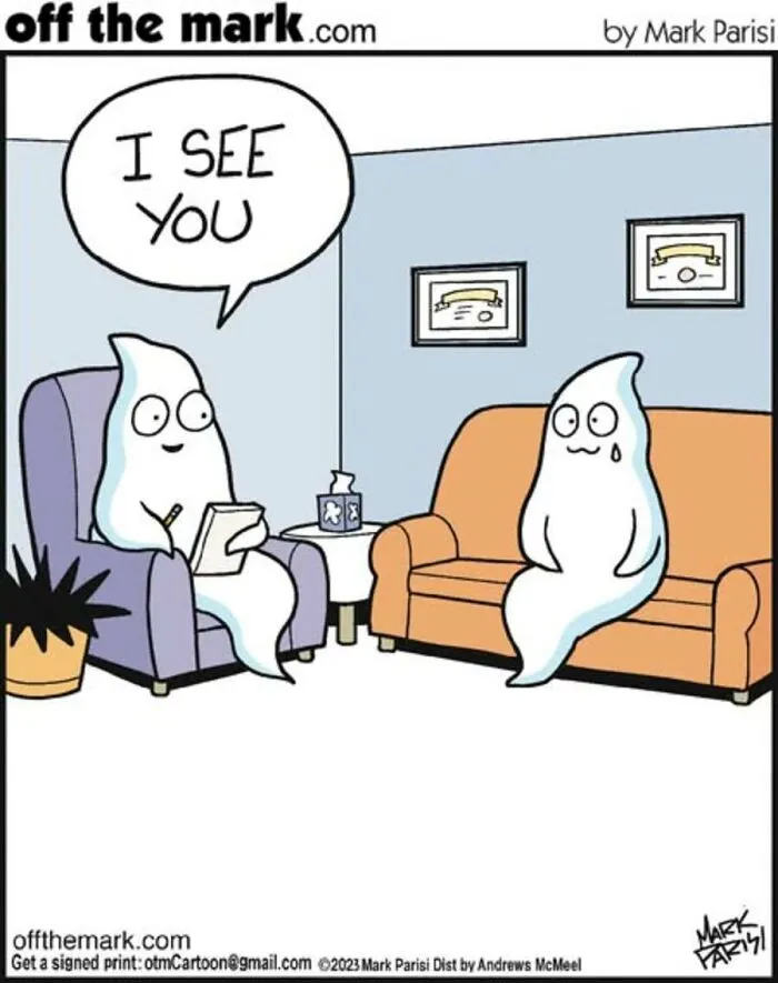 Ghost therapist telling another ghost I see you in Mark Parisi Halloween comic