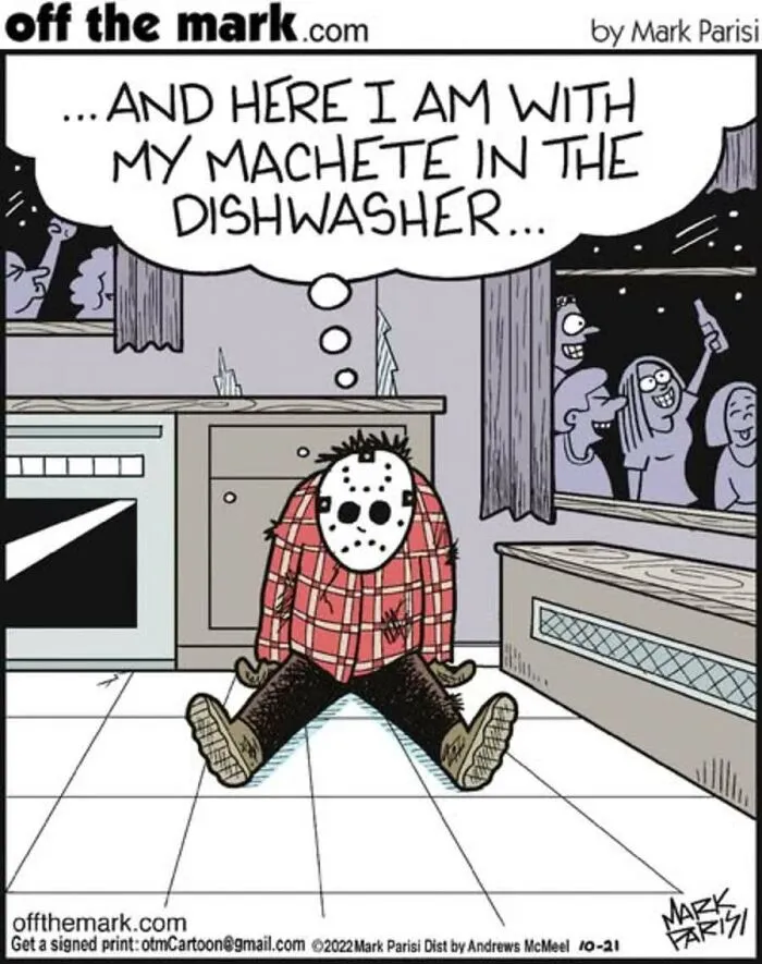 Halloween cartoon of masked character thinking about a machete in the dishwasher