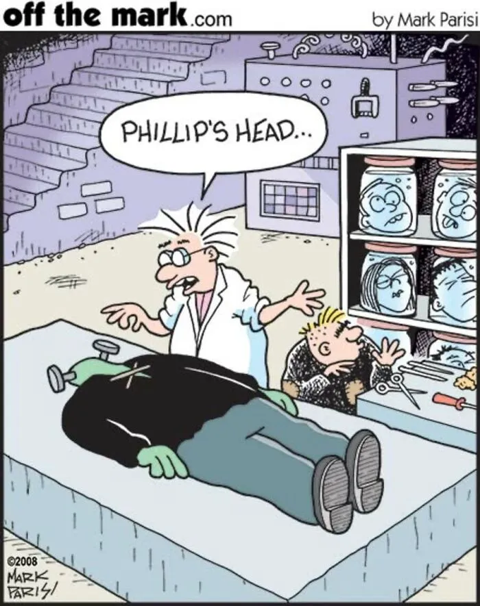 Halloween cartoon showing scientist examining a Frankenstein monster in a lab