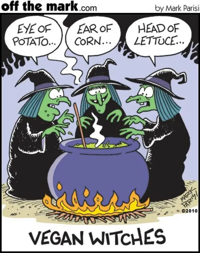 Halloween cartoon of vegan witches stirring a potion in a cauldron