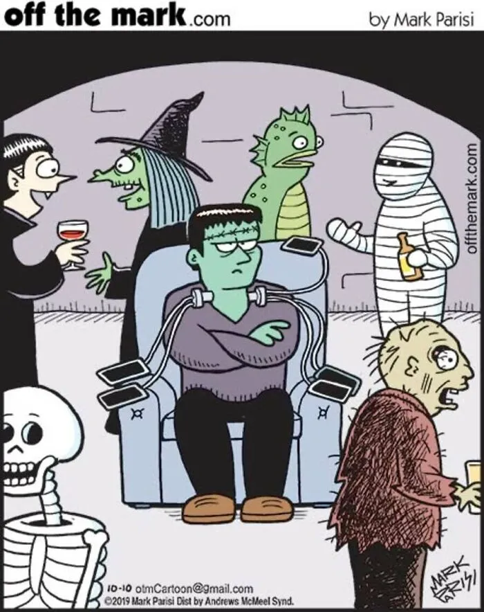 Mark Parisi Halloween cartoon featuring classic monster characters at a party