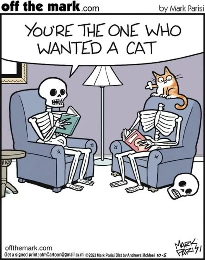 Skeletons in a Mark Parisi Halloween cartoon with a cat sitting on one skeleton