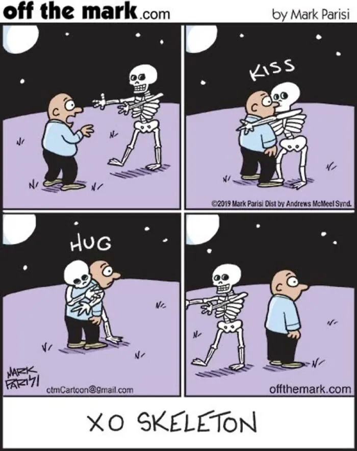 Halloween comic shows man hugged and kissed by a skeleton