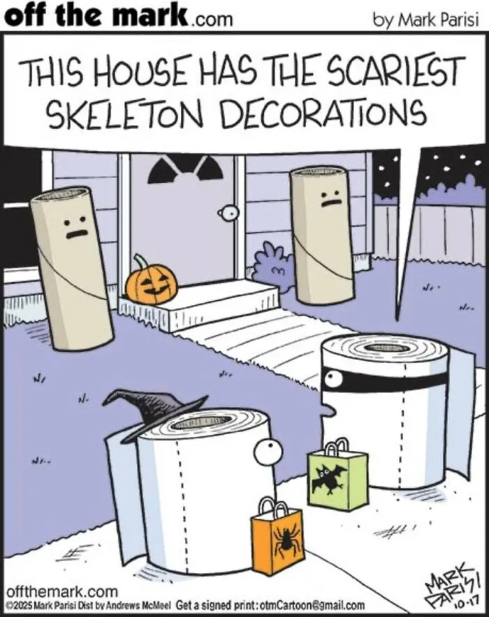 Halloween cartoon features spooky rolling paper skeleton decorations