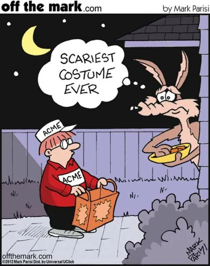 Cartoon of Halloween trick or treater scaring coyote in costume