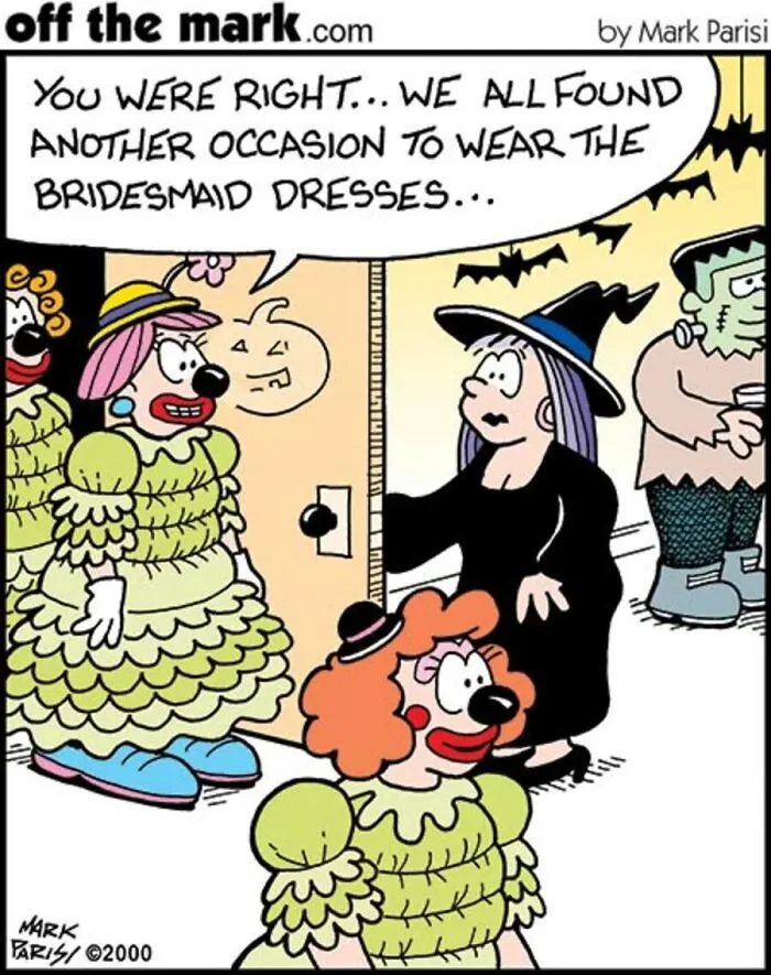 Halloween cartoon showing characters in bridesmaid dresses at a party by Mark Parisi