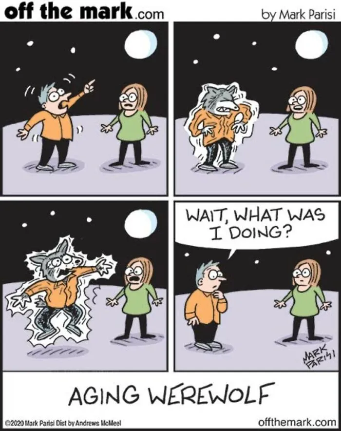 Comic of aging werewolf forgetting transformation process in Halloween cartoon