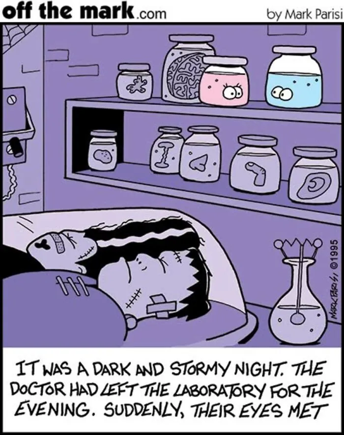 Halloween cartoon showing Frankenstein couple in a spooky lab scene
