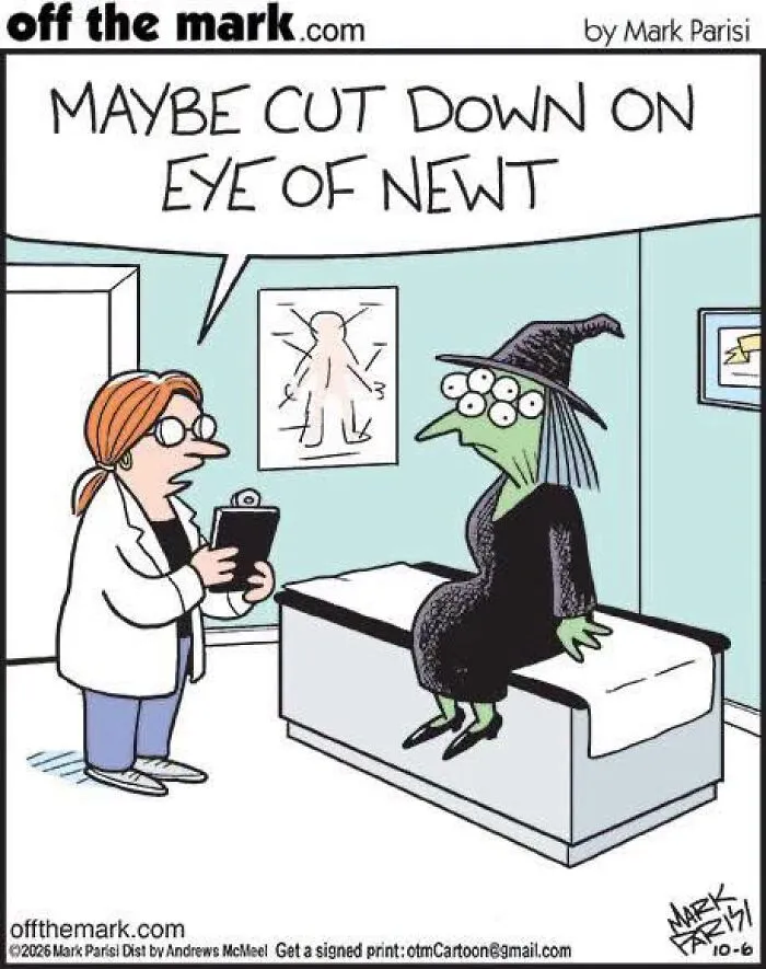 Halloween cartoon of a witch at a doctor's office with multiple eyes advice by Mark Parisi