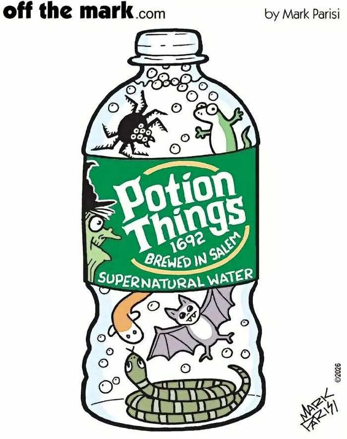 Potion bottle cartoon with supernatural Halloween creatures by Mark Parisi