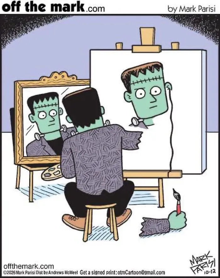 Frankenstein painting cartoon with a Halloween theme by Mark Parisi