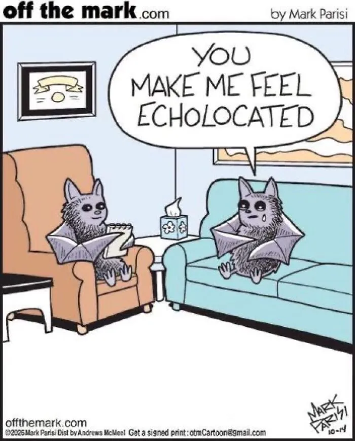 Halloween bat cartoon about feeling echolocated by Mark Parisi