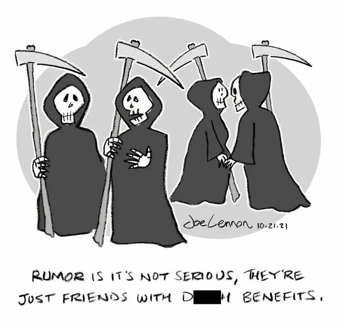 Halloween comic of Grim Reapers gossiping about a friends with benefits rumor