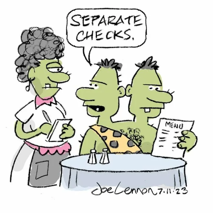 Halloween comic of two-headed creature asking for separate checks at restaurant