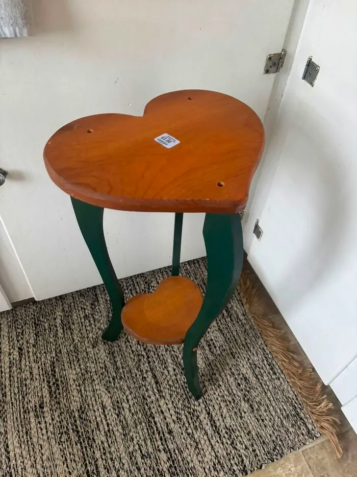 Heart shaped wooden side table with green legs thrift store find