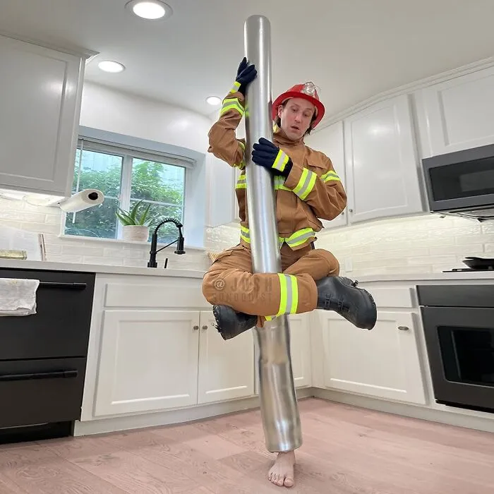 Hilarious firefighter costume incorporating a pole created by people with disabilities for Halloween.