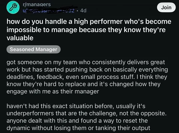 Financial dystopia post on managing a high performer difficult to control