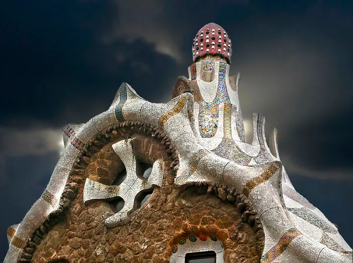 Strange building with mosaic and organic shapes resembling almost alive architecture
